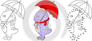 Cute purple dragon playing with umbrella. Vector illustration.