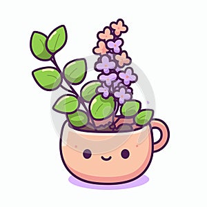 Cute purple flower in a pot. Vector cartoon character illustration, cute kawaii potted plant, generative ai