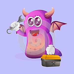 Cute purple monster holding spanner and tolls box