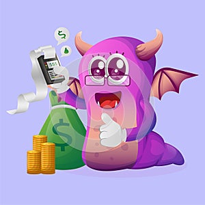 Cute purple monster make a payment