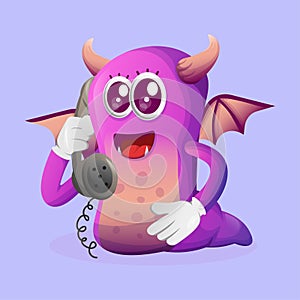 Cute purple monster pick up the phone, answering phone calls
