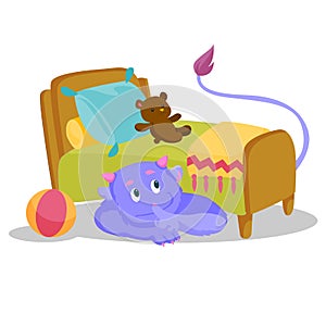 Cute purple monster with tail hiding under the bed