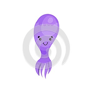 Cute purple octopus cartoon character, funny underwater animal vector Illustration