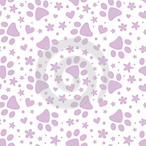 Cute purple paw pattern with flowers and stars, vector background for cats and dogs