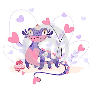 Cute purple pink dragon with hearts isolated on white background. Valentines day magic creature. Symbol of year. Vector winter