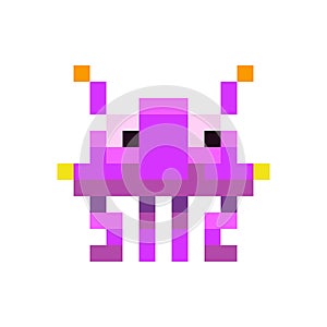 Cute purple space invader monster, game enemy in pixel art style on white photo