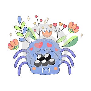 cute purple spider with flowers, concept, cartoon, kids character insect for t-shirt printing, postcards, your design