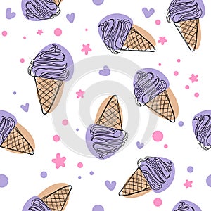 Cute purpure cartoon ice cream seamless vector pattern background illustration