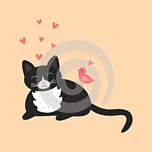 Cute purring black cat with a pink bird on the back and pink hearts.