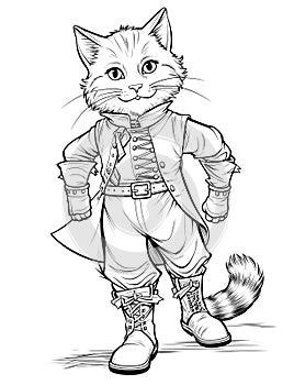 Cute Puss in Boots cat character cartoon in black and white lines - coloring page for kids from an activity book