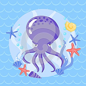 Cute putple octopus with seasters and shells photo