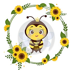 Cute queen bee is holding a pot of honey. Frame from yellow flowers sunflower and leaves. Cartoon style, vector