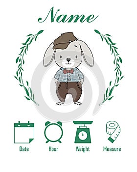 Cute rabbit. Baby birth print. Baby data template at birth.