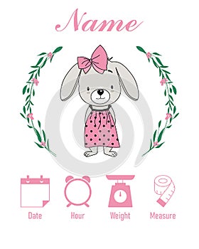 Cute rabbit. Baby birth print. Baby data template at birth.