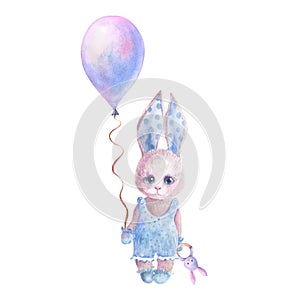 Cute rabbit with balloon and toy in his hands, baby shower design elements, newborn boy greeting card, watercolor