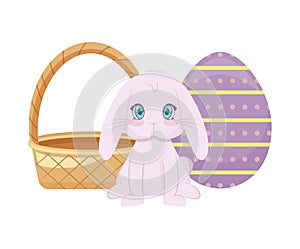 Cute rabbit with basket wicker and egg of easter