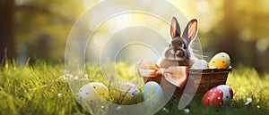 Cute Rabbit with a bow tie inside a Small basket with few colored and painted Easter Eggs put in the grass with a very sunny day