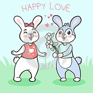 Cute rabbit boy gives flower to girl