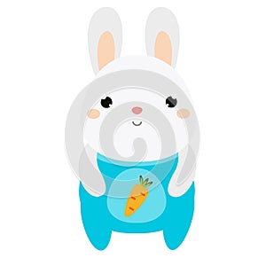 Cute rabbit. Bunny in jumpsuit. White hare. Cartoon kawaii animal character. Vector illustration for kids and babies fashion