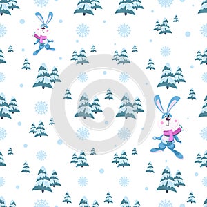 Cute rabbit. Bunny. Winter day in a pine forest. Vector background, falling snow. Seamless pattern.