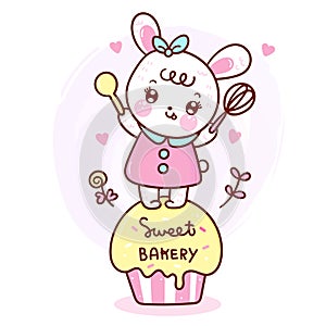 Cute rabbit cake vector Bunny cartoon sweet dessert pastel color Kawaii food: Series Girly doodles pet zoo Kid bakery