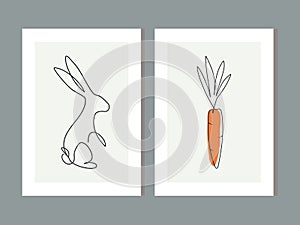 Cute rabbit and carrot. Animal continuous line drawing elements set