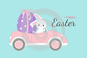 Cute rabbit carrying big easter egg in a car