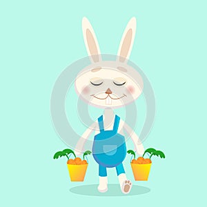 Cute Rabbit cartoon character. Bunny with carrots in bucket. Vector illustration