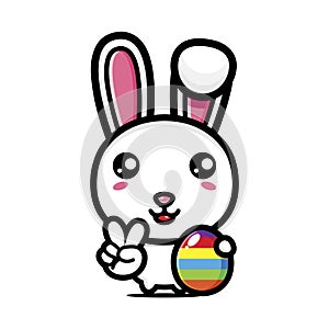 Cute rabbit cartoon character holding easter egg on easter day with peaceful finger