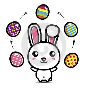 Cute rabbit cartoon character playing egg throwing on easter day