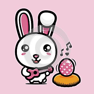 Cute rabbit cartoon character playing guitar with easter egg on easter day
