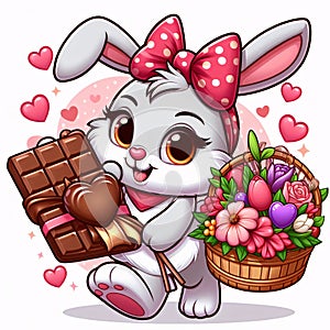 Cute rabbit cartoon illustration bring chocolate and flower bucket. Generative AI