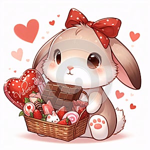 Cute rabbit cartoon illustration bring chocolate and gift. Generative AI