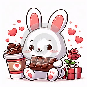 Cute rabbit cartoon illustration bring chocolate and has gift. Generative AI