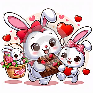 Cute rabbit cartoon illustration bring chocolate and smile face. Generative AI