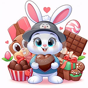 Cute rabbit cartoon illustration bring chocolate and wear hat. Generative AI