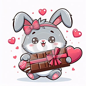 Cute rabbit cartoon illustration bring chocolate and wear ribbon. Generative AI