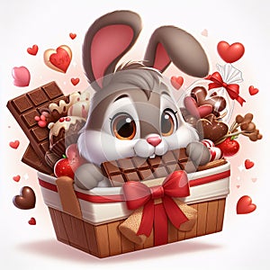 Cute rabbit cartoon illustration eat chocolate and love ornaments. Generative AI