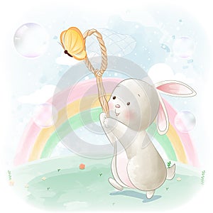 Cute rabbit catching butterflies illustration