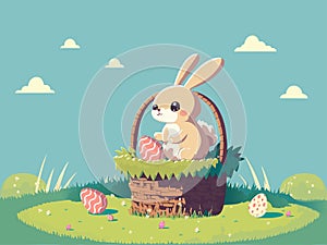 Cute Rabbit Character In Basket, Easter Eggs Against Clouds Pastel Green And Blue Background. Happy Easter Day