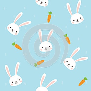 Cute Rabbit character with Carrot Seamless pattern on sky blue background. Vector illustration for Easter Day invitation, banner,