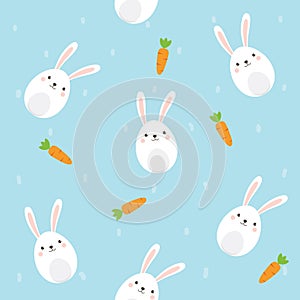 Cute Rabbit character with Carrot Seamless pattern on sky blue background. Vector illustration for Easter Day invitation, banner,