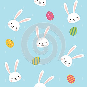 Cute Rabbit character with Carrot Seamless pattern on sky blue background. Vector illustration for Easter Day invitation, banner,