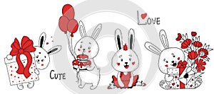 Cute rabbit character set. Enamored Rabbit with bouquet, letter and gift, with box, cake and balloons, bunny ballerina