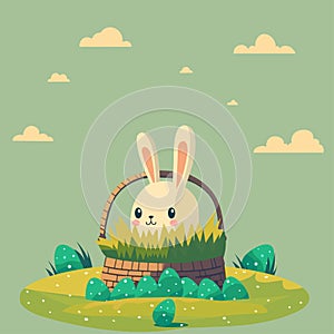 Cute Rabbit Character Sitting With Grass in Basket, Easter Eggs Against Clouds Pastel Green Background. Happy