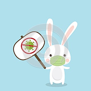 Cute Rabbit character wearing medical mask on sky blue background. Coronavirus COVID-19 Vector Illustration