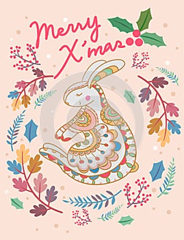 Cute rabbit Christmas card with lettering inscription. Vector illustration