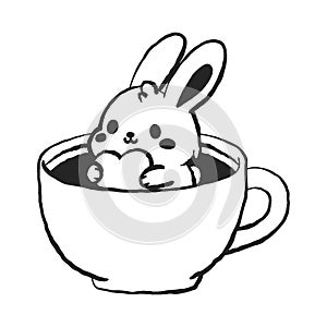 Cute rabbit in coffee cup line art vector illustration