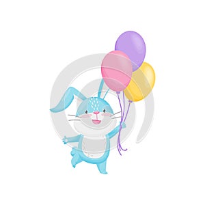 Cute rabbit with color balloons on white background.