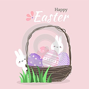 Cute rabbit with colorful easter eggs in basket